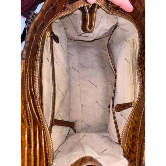 Brahmin Tricolor Cognac Brown & Green Croc Embossed Leather Shoulder Bag Satchel - Picture 9 of 10